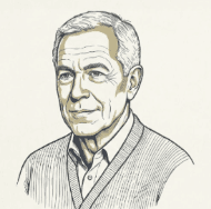 Portrait of Grounded Gus, a warm ink-and-watercolor illustration of a silver-haired gentleman in a knit cardigan